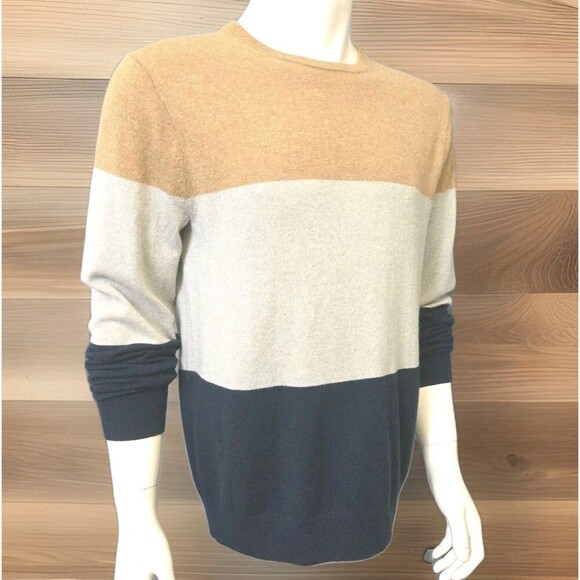 J. Crew Men’s Cashmere Crew Neck Sweater Stripe Colorblock Toff/Gray/Navy Size M - Picture 1 of 11